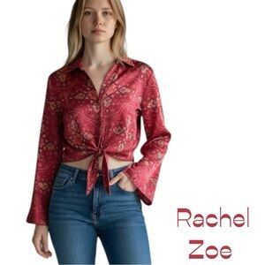 Rachel Zoe Reddish Coral Floral Cropped Shirt Top NWOT Size XS